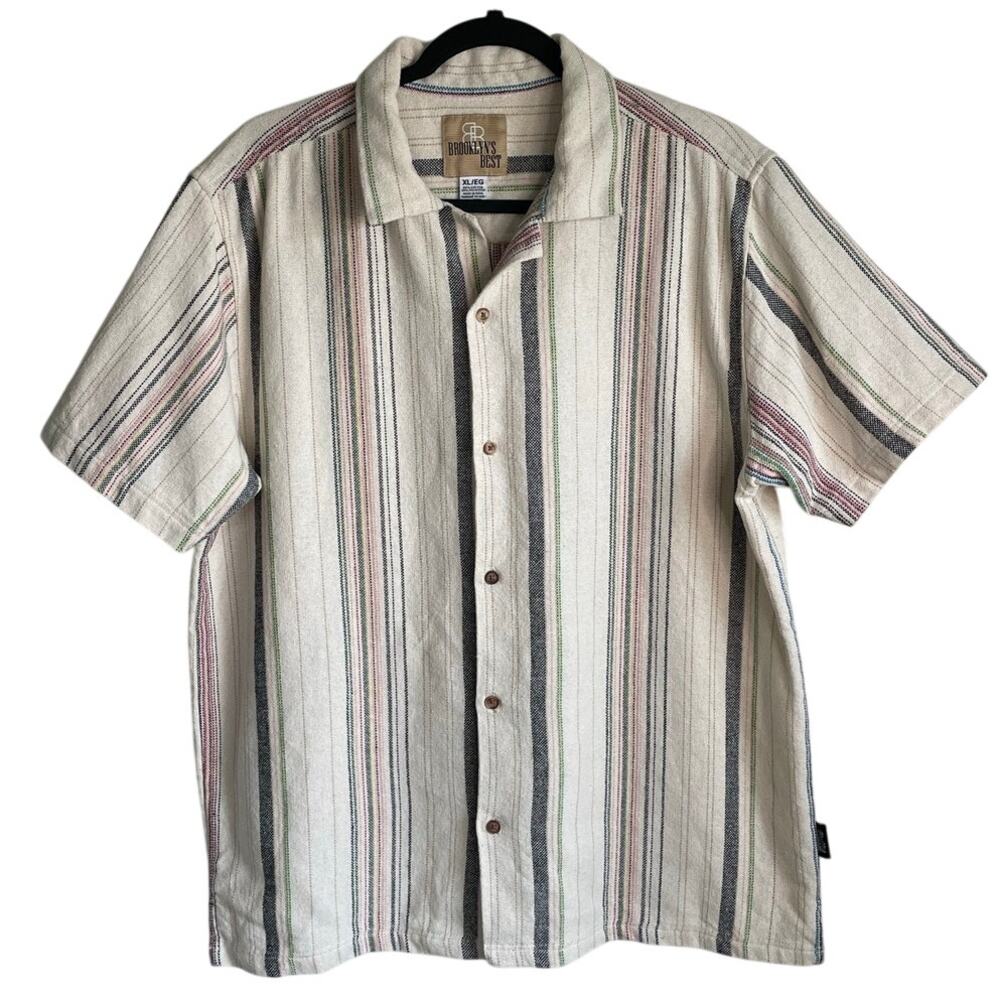 Brooklyn’s Best Men's XL Slub Woven Striped Button Up Camp Resort Shirt Beach